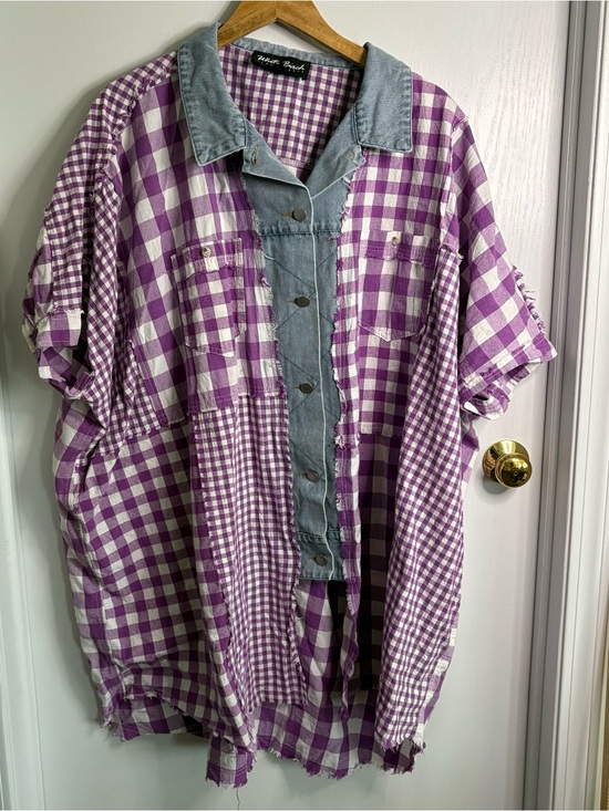 white birch Tops - White Birch 2X Gingham Denim Patchwork Cotton Short Sleeve Tunic Boho Lagenlook